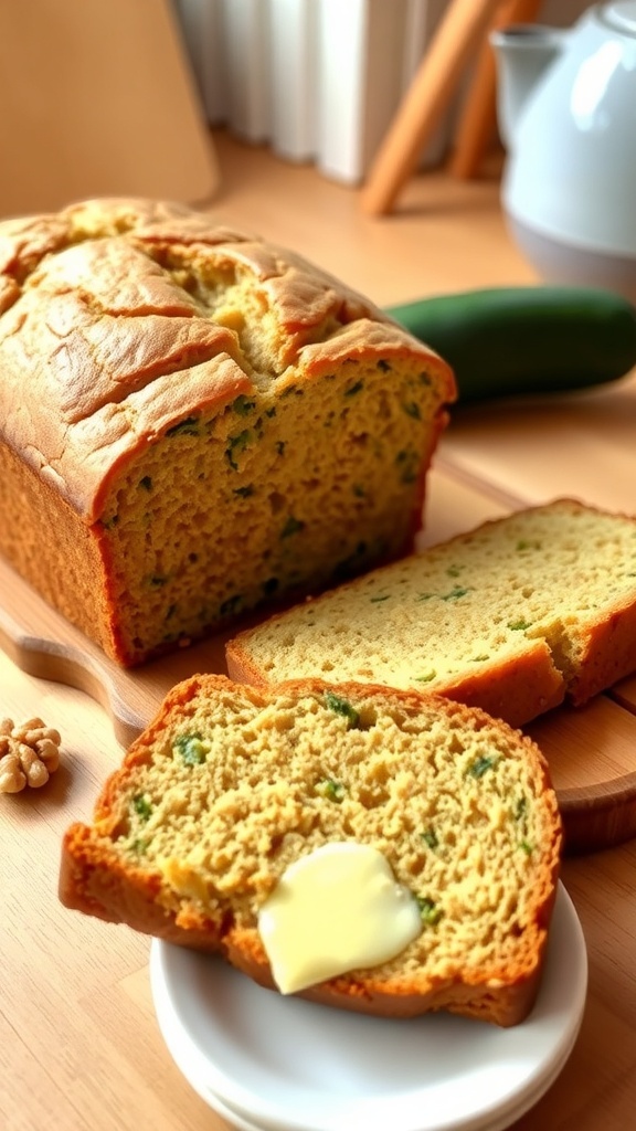 A loaf of zucchini quick bread sliced, showcasing its moist texture, with walnuts and butter on a wooden board.